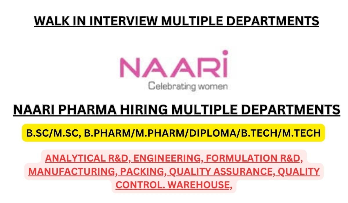 NAARI Pharma Hiring M.Pharm, B.Pharm, M.Sc, Multiple Departments