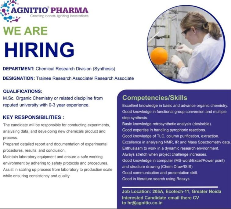 [Freshers] AGNITIO PHARMA Hiring Chemical Research Division