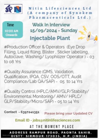 Nitin Lifesciences Ltd Hiring Production, QC, QA