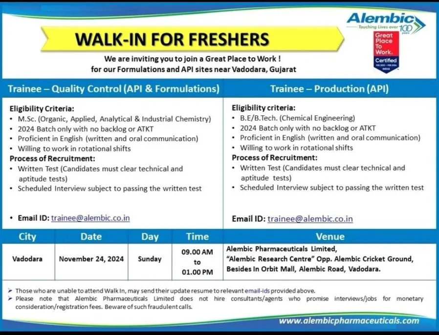 (Freshers) Alembic Pharmaceuticals Hiring Quality Control, Production (Freshers) Alembic Pharmaceuticals Hiring Quality Control, Production
